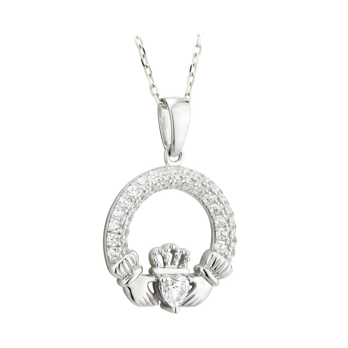 April Birthstone White Crystal Silver Claddagh Pendant