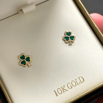 10K Gold Malachite Shamrock Stud Earrings in a jewelry box 