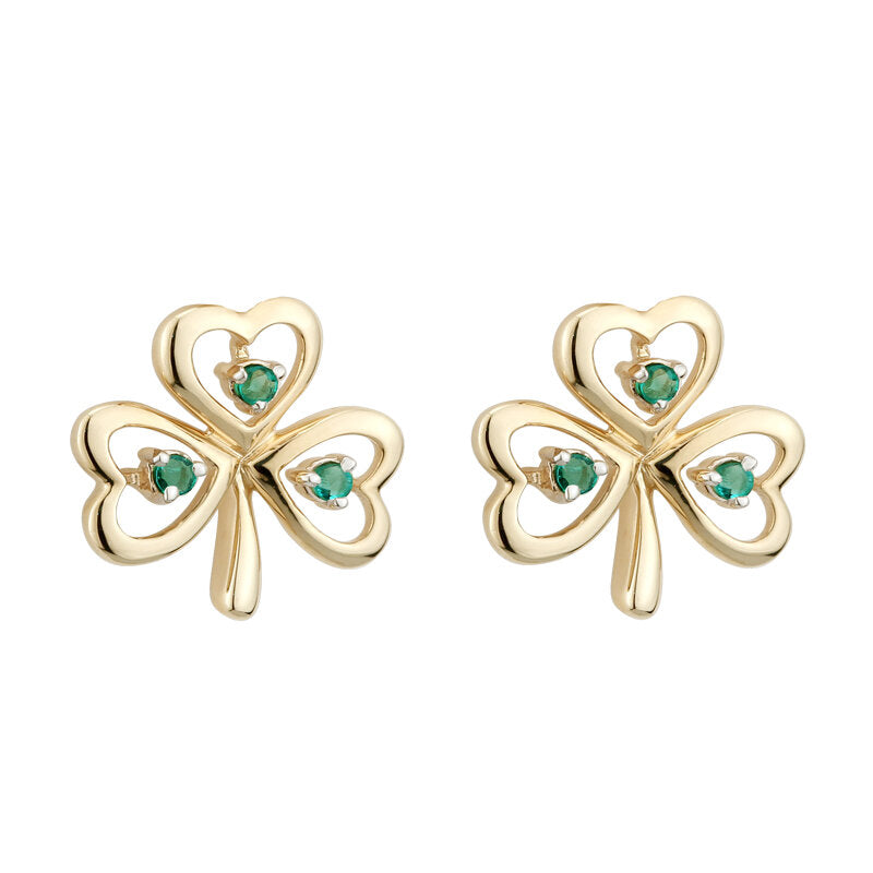 14K Gold Emerald Shamrock Earrings