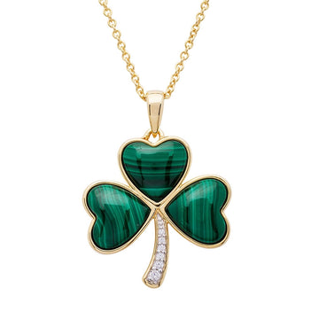 14K Gold Vermeil Malachite Set Shamrock Necklace