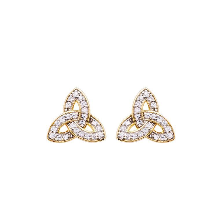 14KT Gold Vermeil Stud Trinity Knot Earrings Adorned with White Cubic Zirconias