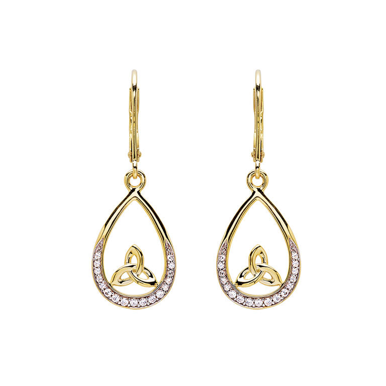 14KT Gold Vermeil Tear Drop Trinity Knot Earrings Studded with White Cubic Zirconias