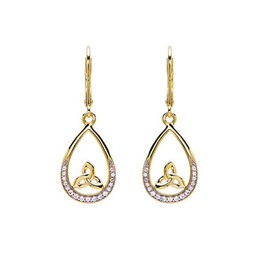 14KT Gold Vermeil Tear Drop Trinity Knot Earrings Studded with White Cubic Zirconias