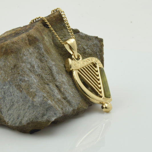 Gold Plated Connemara Marble Harp Necklace