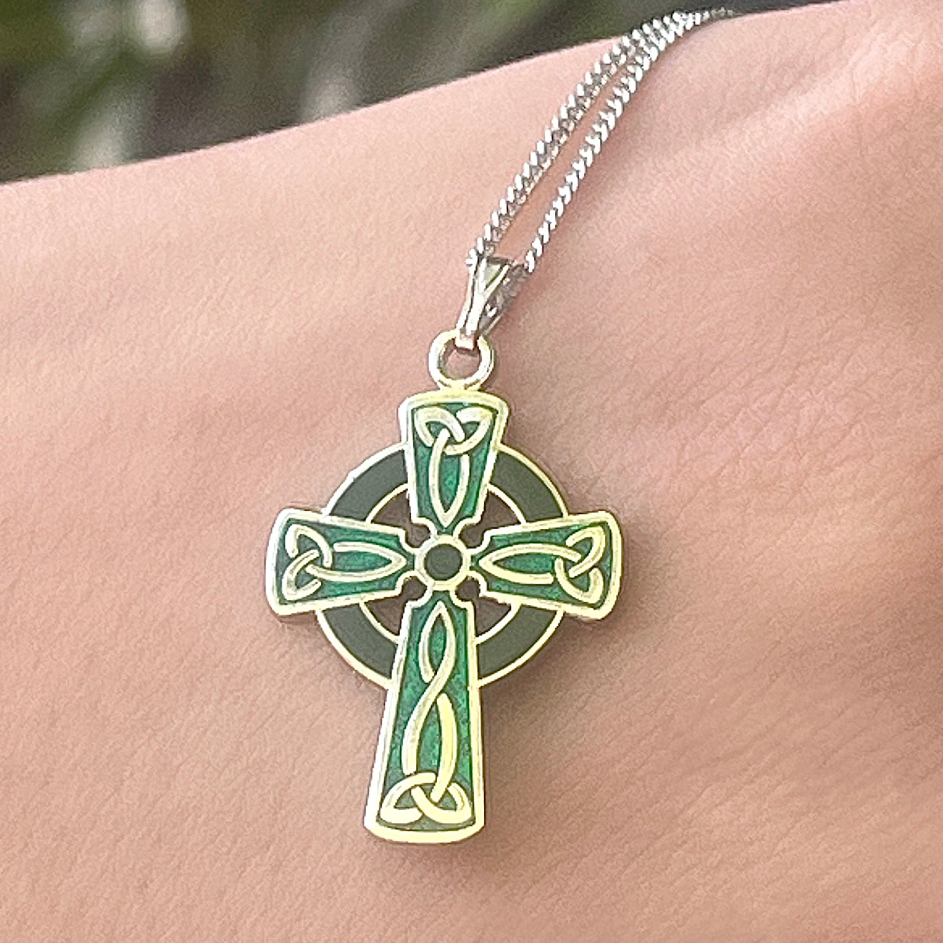 Rhodium Green Enamel Celtic Cross Pendant