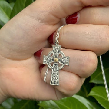 Medium Silver Cross Necklace with Gold Bead