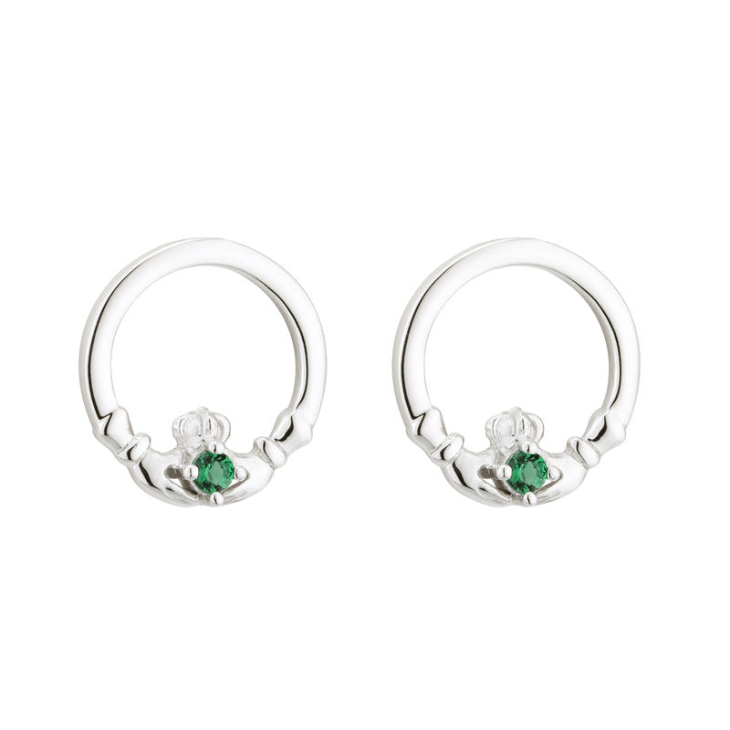 Sterling Silver Green Crystal Claddagh Stud Earrings