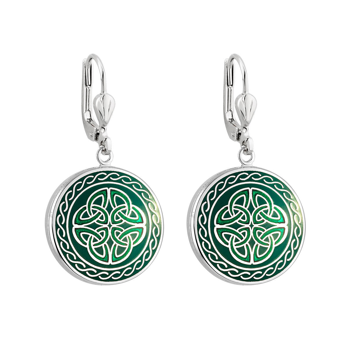 Rhodium Green Enamel Four Trinity Knots Earrings