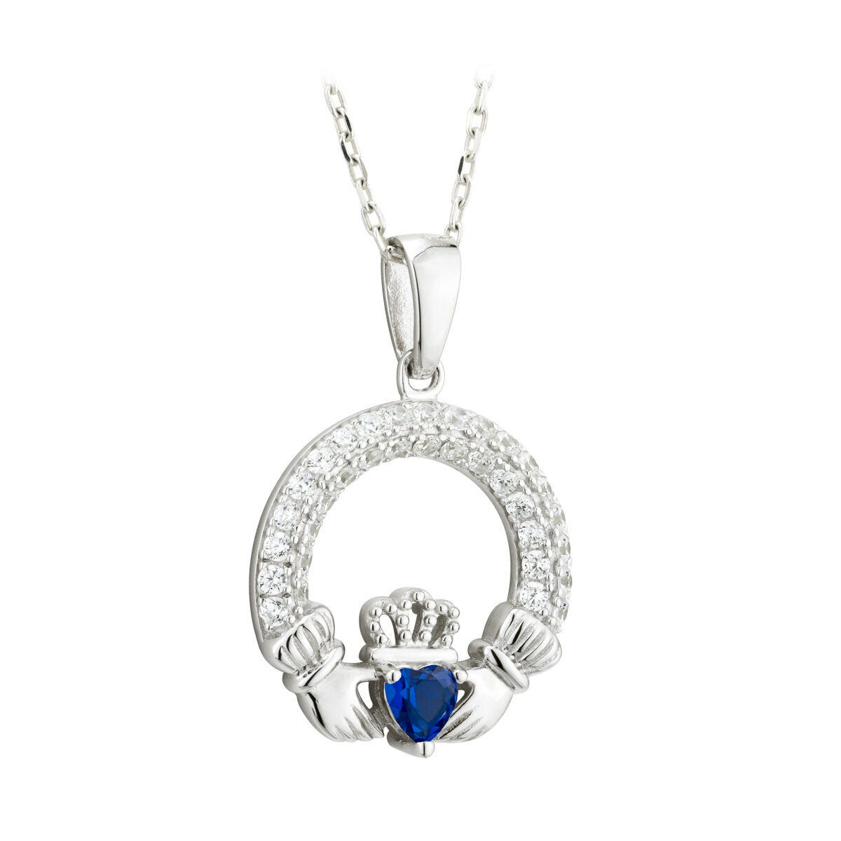 September Birthstone Sapphire Silver Claddagh Pendant