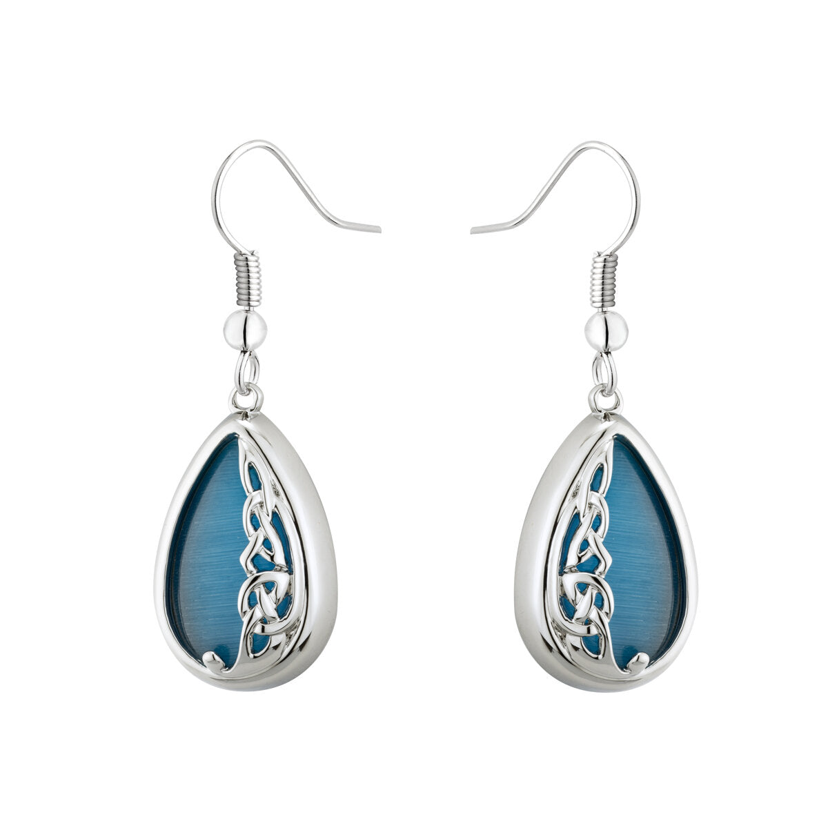 Rhodium Bok Aqua Cat Eye Drop Earrings