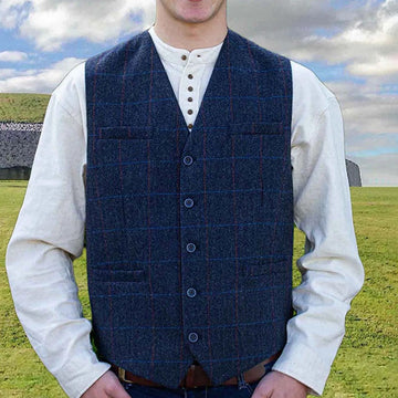 Tweed Herringbone Overcheck Waistcoat - Blue