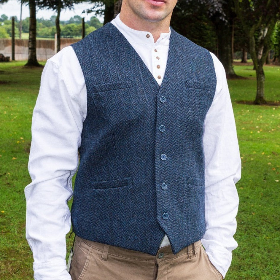 Tweed Herringbone Waistcoat - Navy