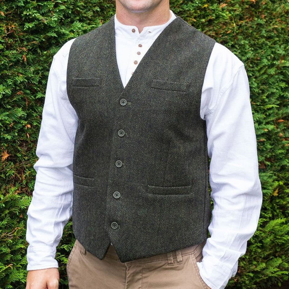 Tweed Herringbone Waistcoat - Olive