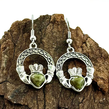 Rhodium Celtic Marble Claddagh Drop Earrings