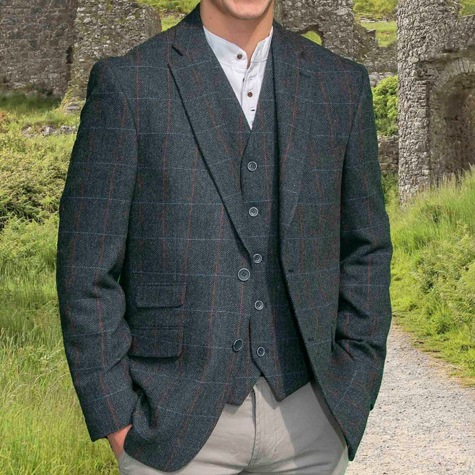 Irish Wool Tweed Sport Jacket - Dark Blue Overcheck