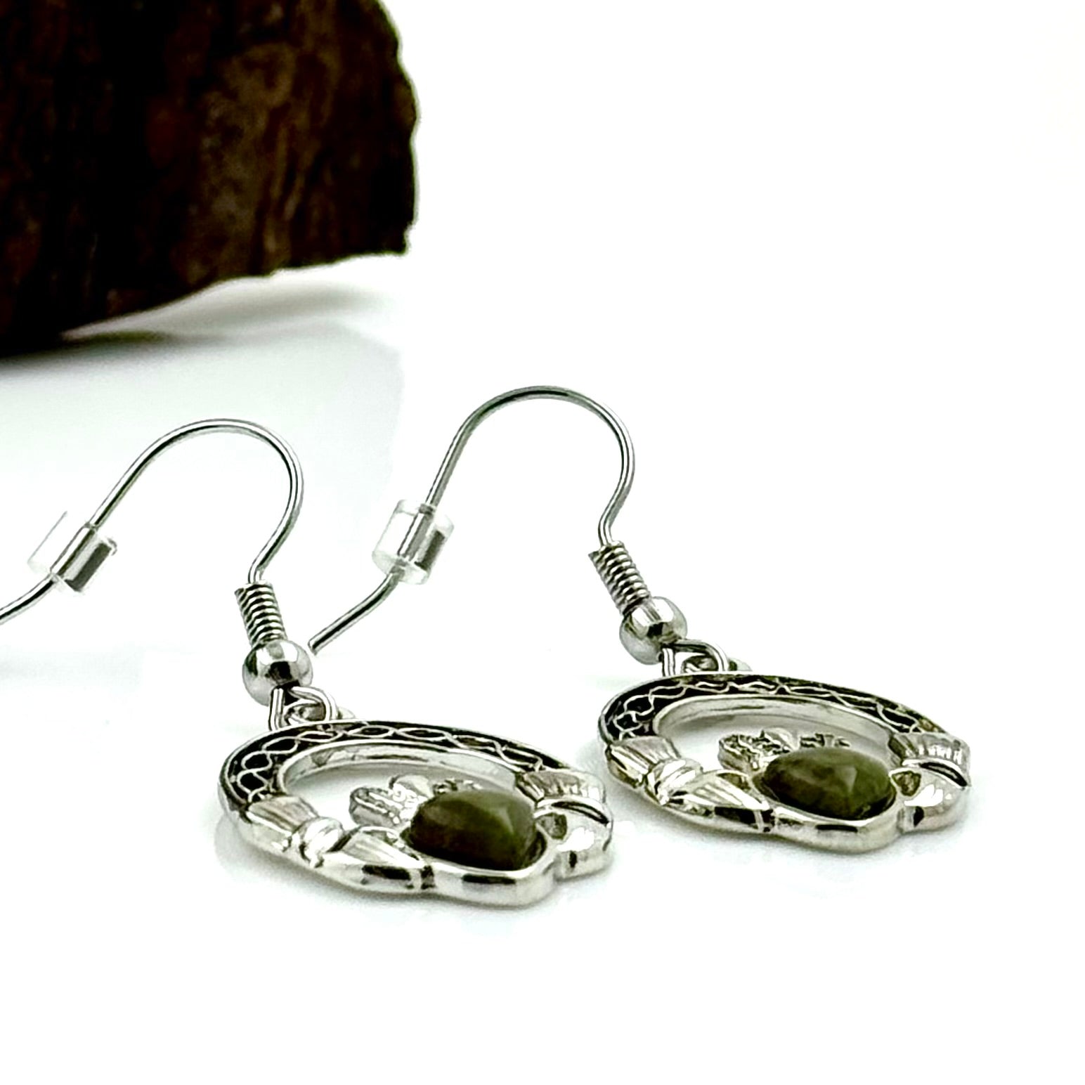 Rhodium Celtic Marble Claddagh Drop Earrings