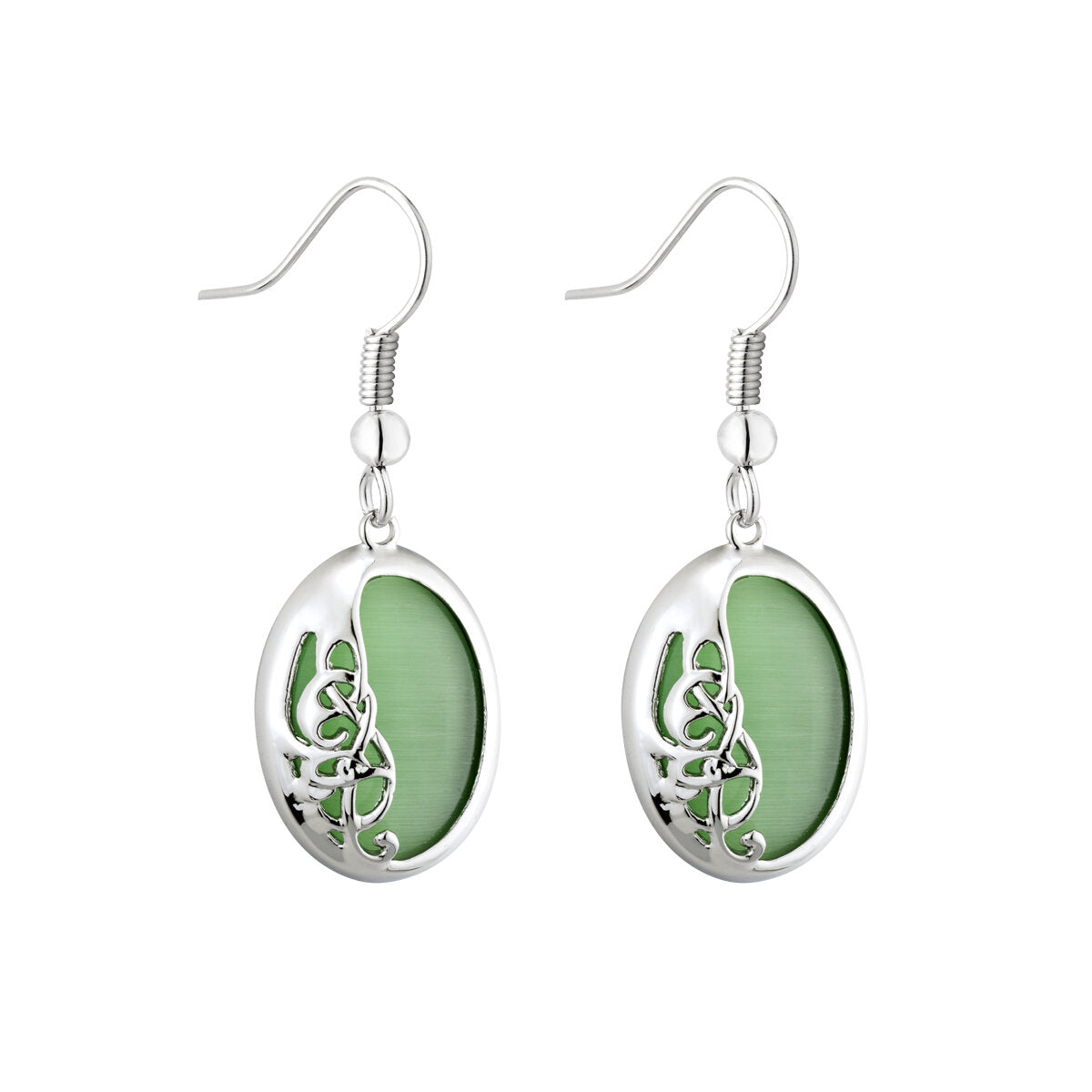 Rhodium Bok Green Cat Eye Drop Earrings