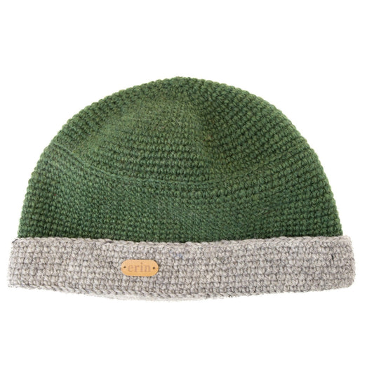 Crochet Turn up Hat Green/Oatmeal