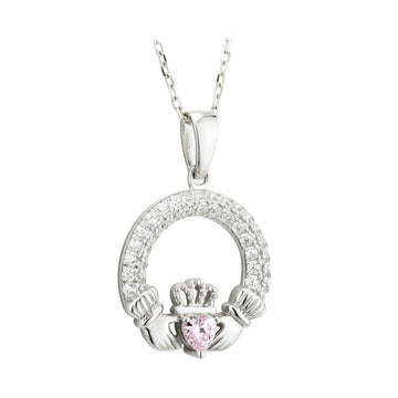 October Birthstone Rose Silver Claddagh Pendant