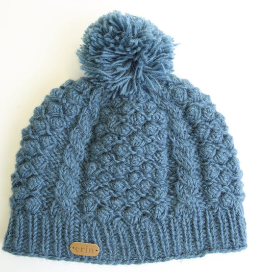 Aran Cable Blackberry Bobble Hat Denim Blue