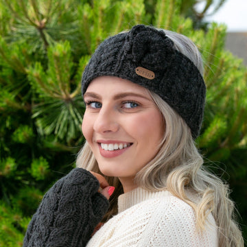 Aran Cable Knitted Wool Headband with Flower Charcoal