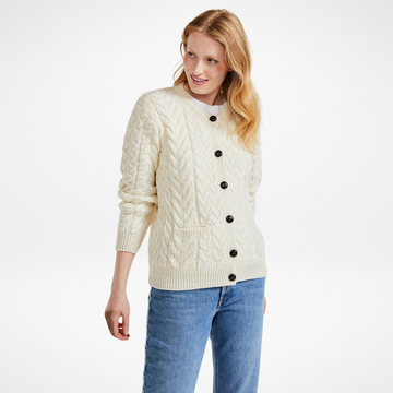 Cleggan Ladies Aran Crew Neck Cardigan