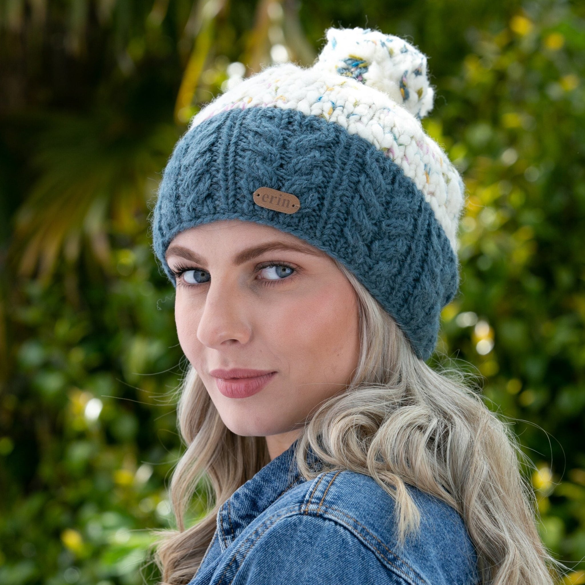 Uneven Wool Bobble Hat Flecked Denim