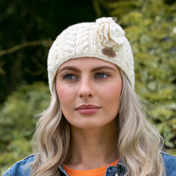 Aran Cable Knitted Wool Headband with Flower White