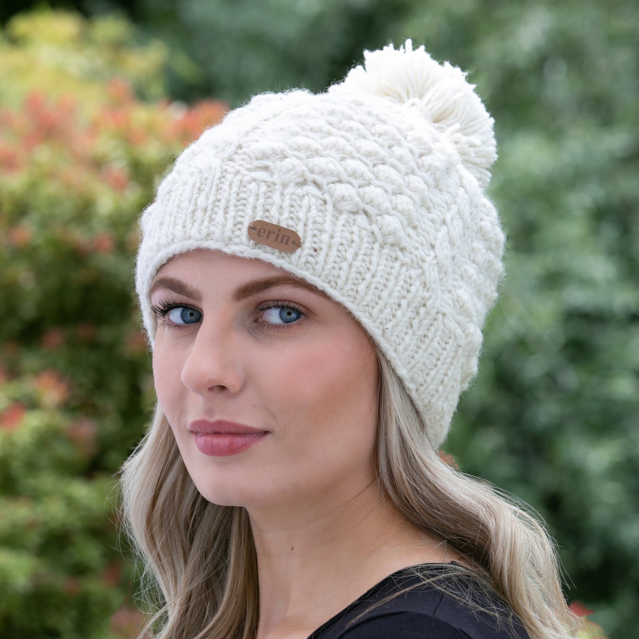 Aran Cable Blackberry Bobble Hat White