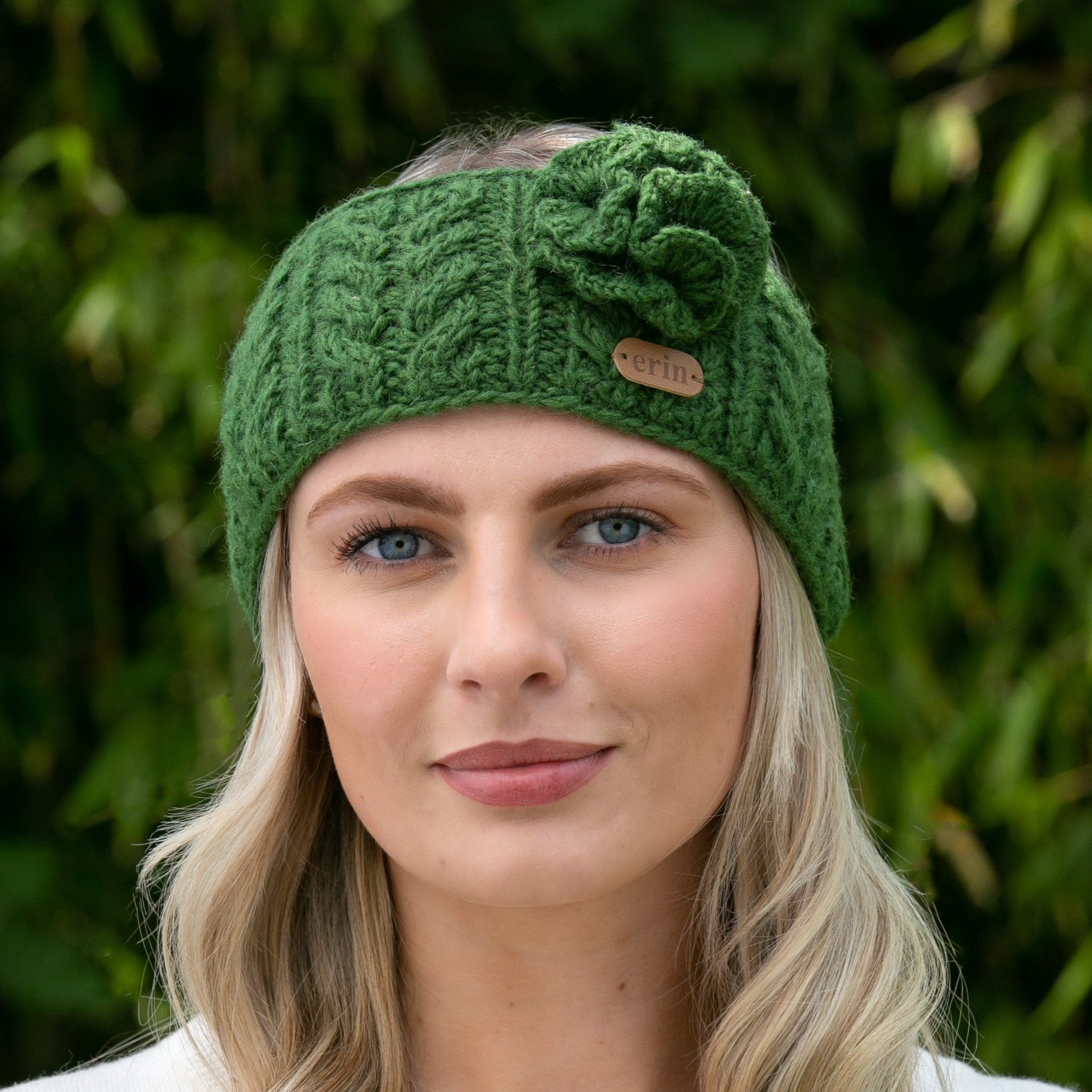 Aran Cable Knitted Wool Headband with Flower Green