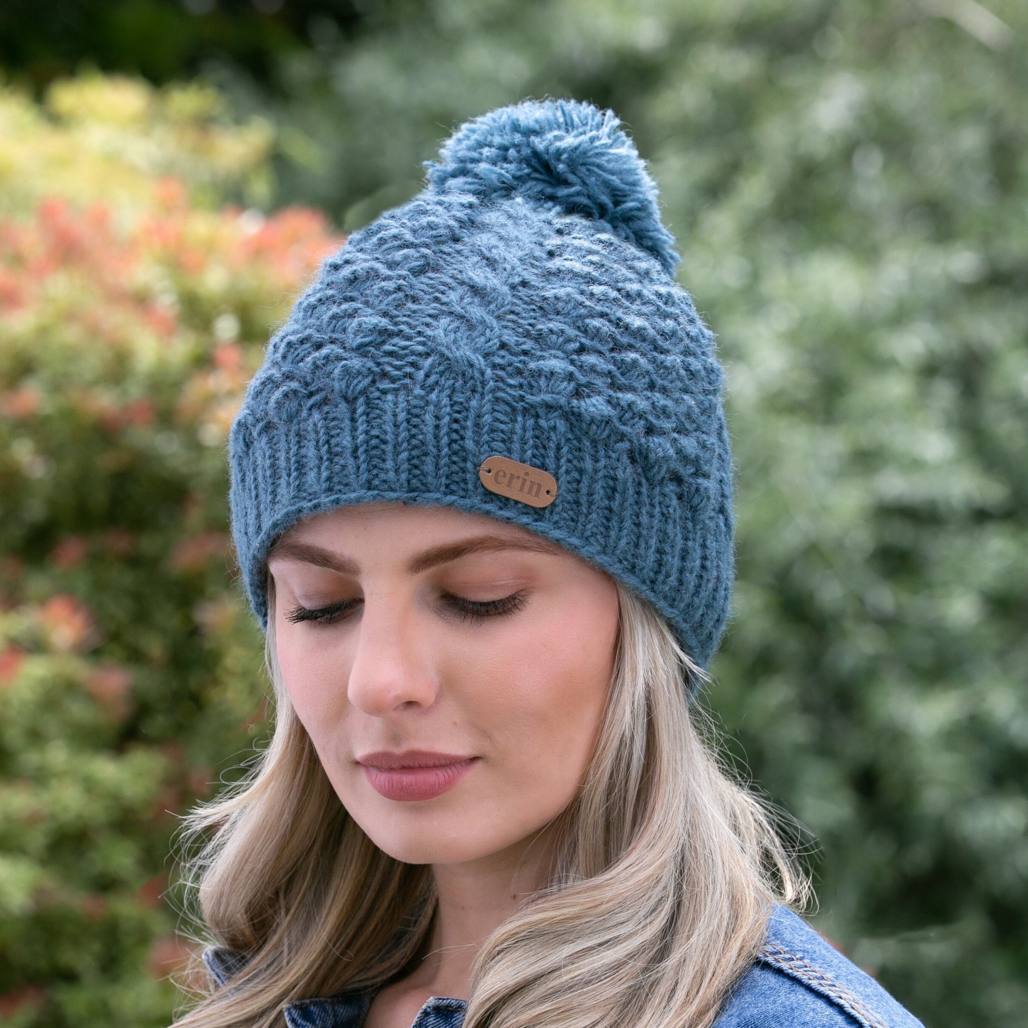 Aran Cable Blackberry Bobble Hat Denim Blue