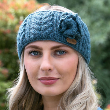 Aran Cable Knitted Wool Headband with Flower Denim Blue