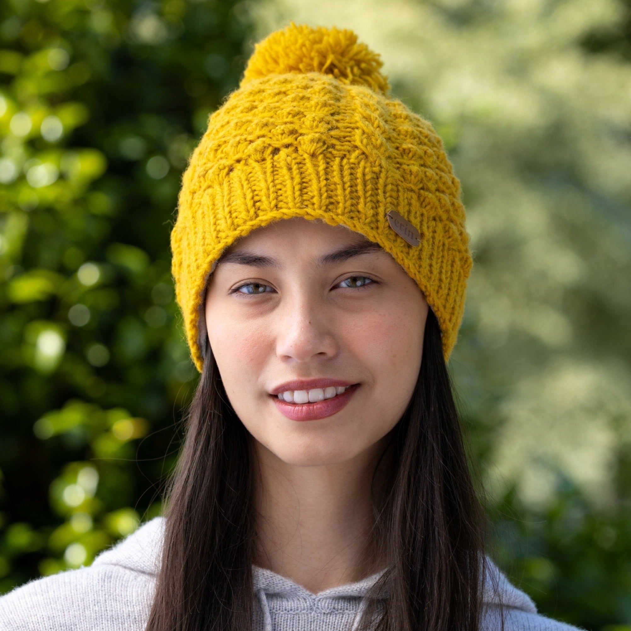 Aran Cable Blackberry Bobble Hat Mustard