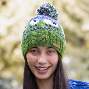 Sheep Bobble Hat with Aran Cable Band in Blue and Green