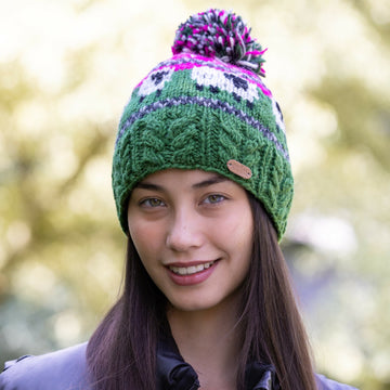 Sheep Bobble Hat with Aran Cable Band in Pink and Dark Green