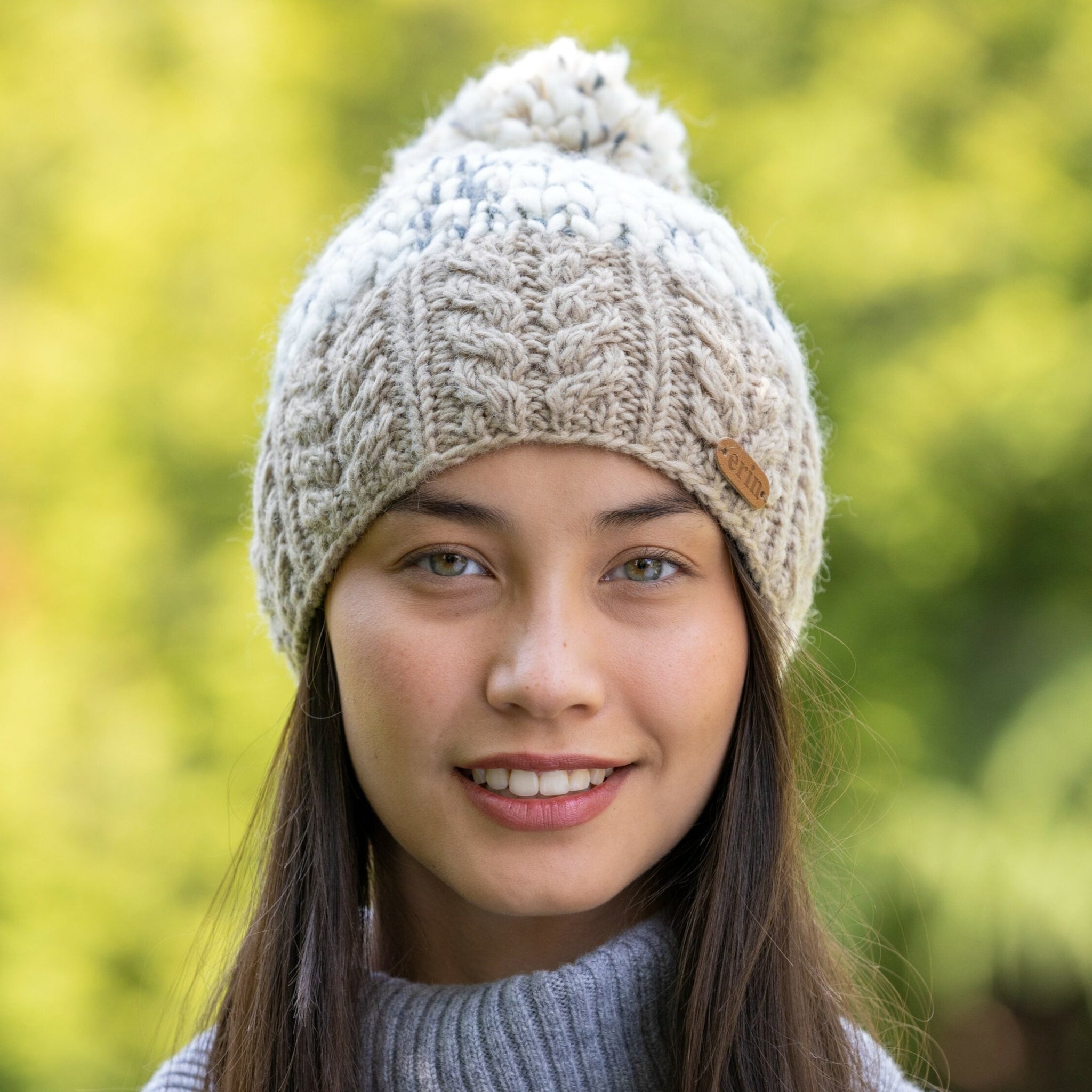 Uneven Wool Bobble Hat Flecked Beige