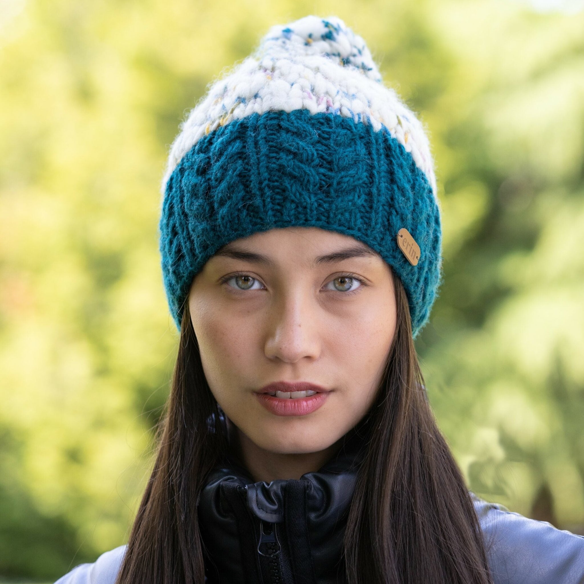 Uneven Wool Bobble Hat Flecked Teal