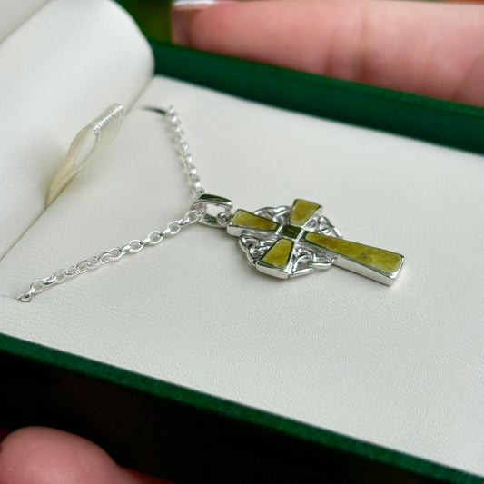 Sterling Silver Celtic Cross Necklace with Connemara Marble