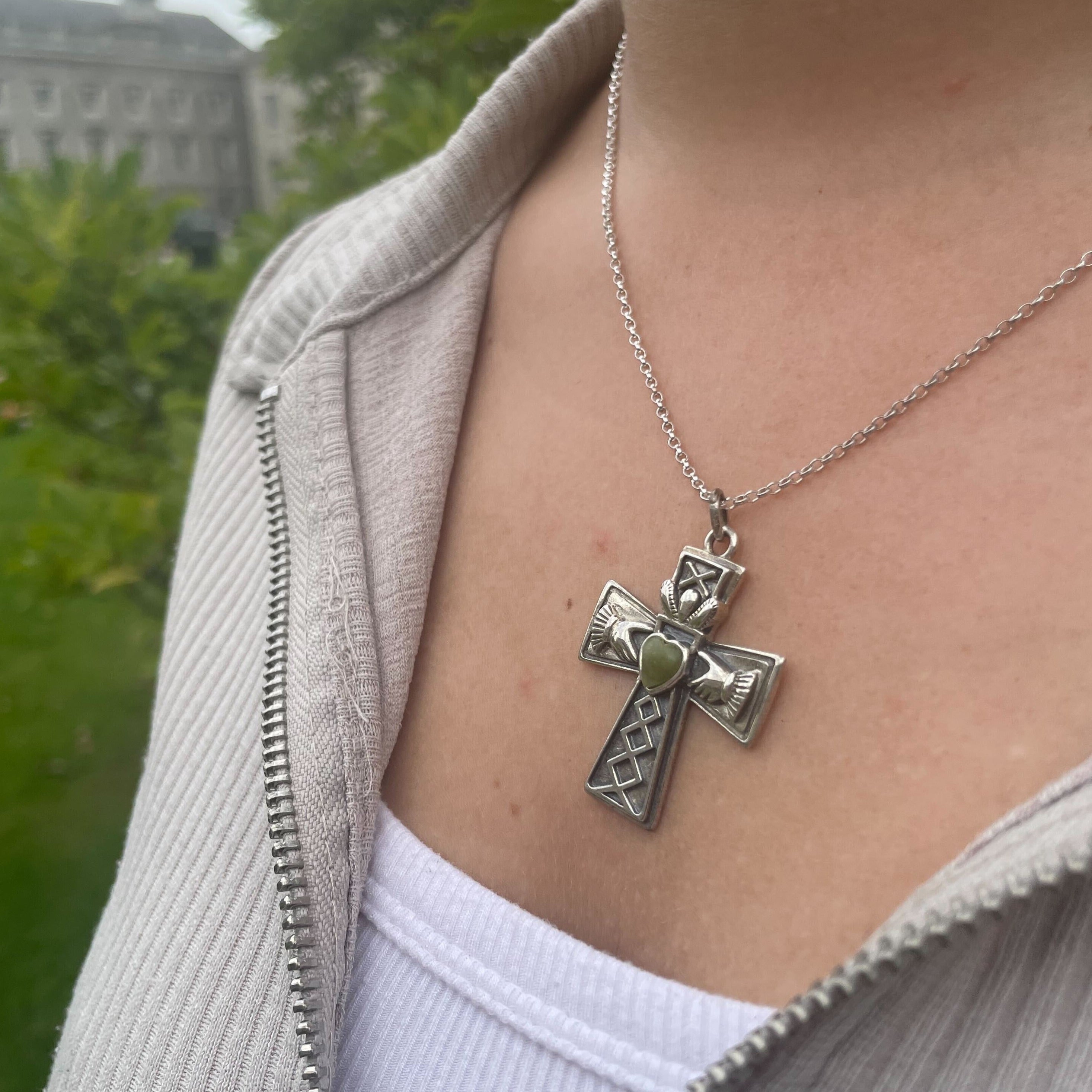 Claddagh Cross Necklace with Connemara Marble