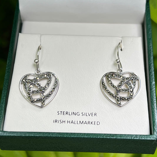 Marcasite Heart Trinity Knot Silver Earrings