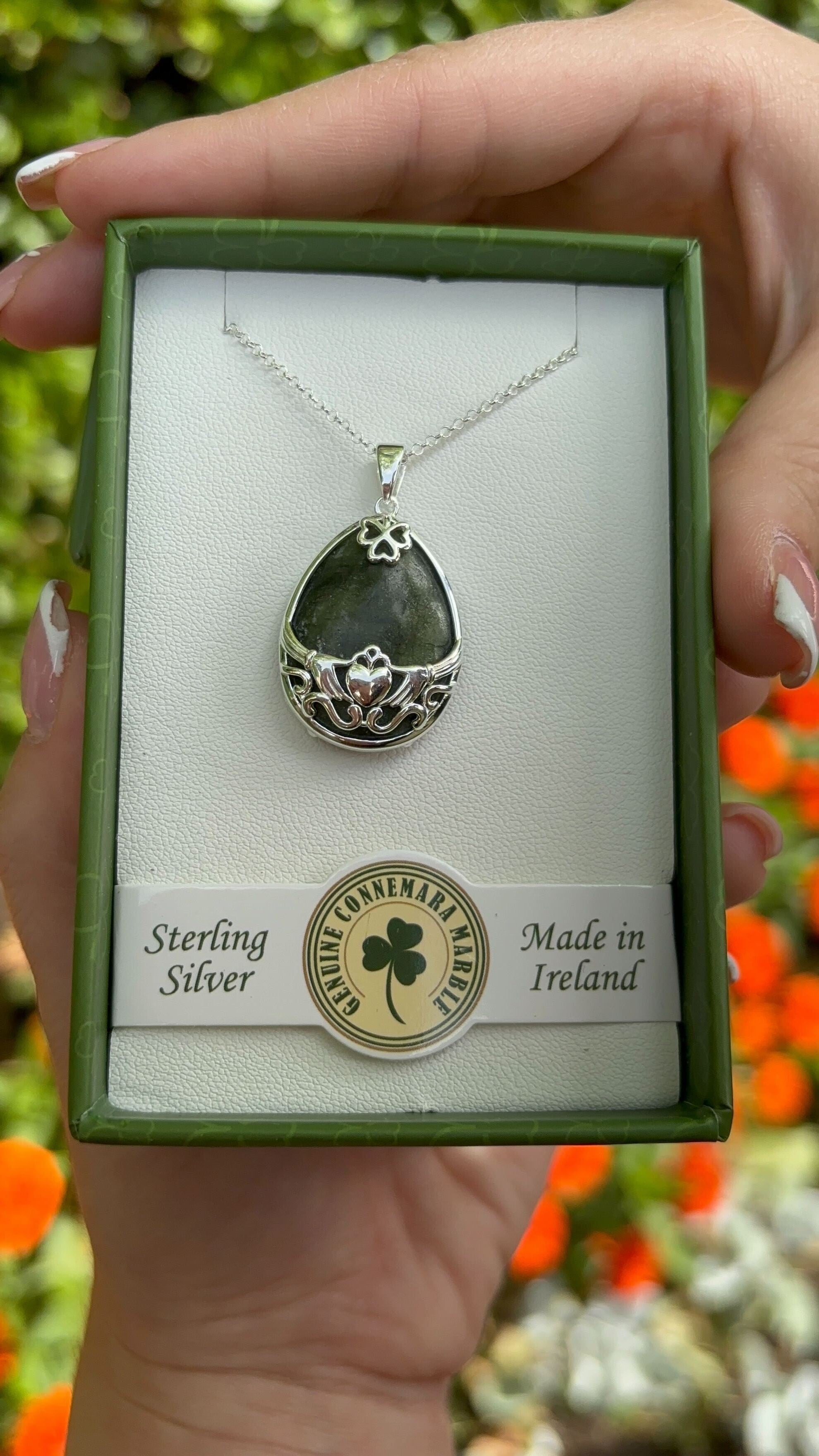 Claddagh Basket Necklace with Connemara Marble