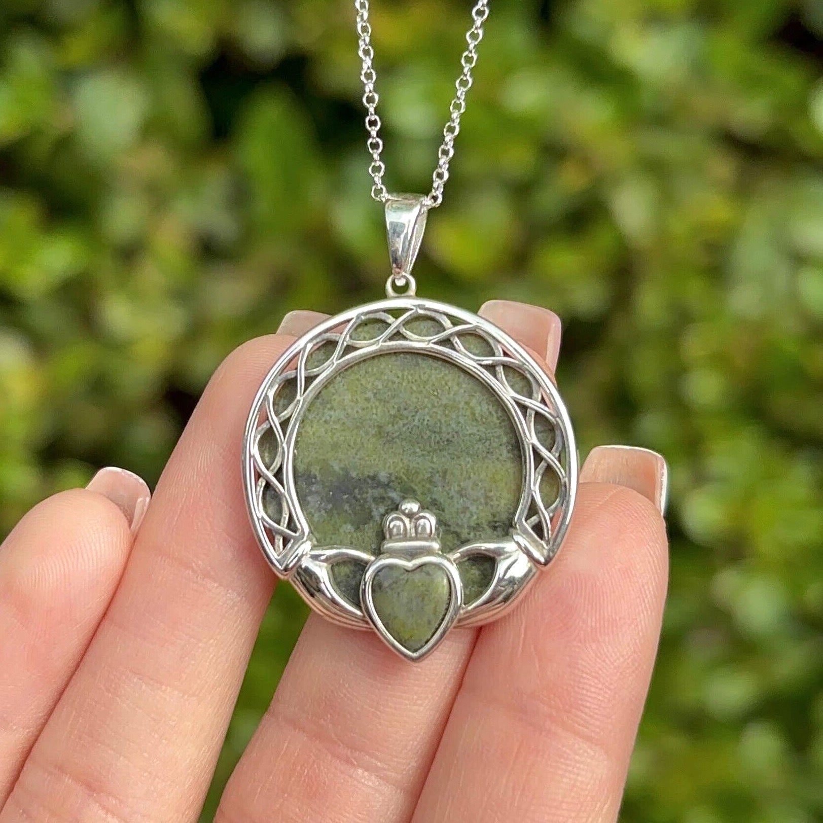 Large Claddagh Silver Connemara Marble Necklace