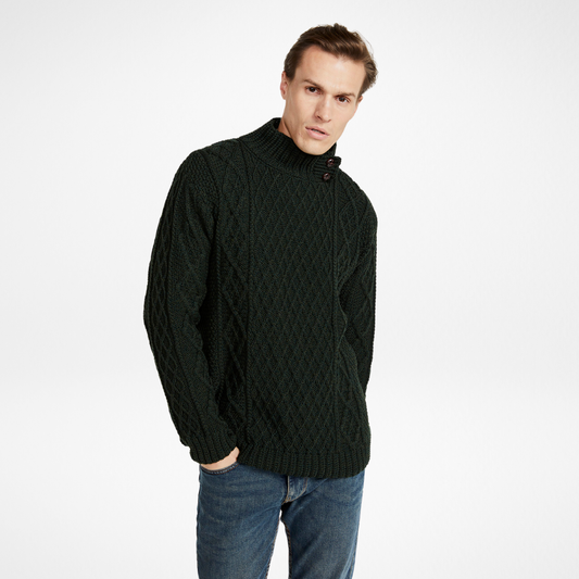 Moyne Mens Aran Sweater with Button Collar