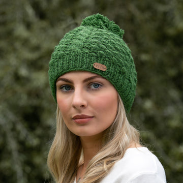 Aran Cable Blackberry Bobble Hat Green