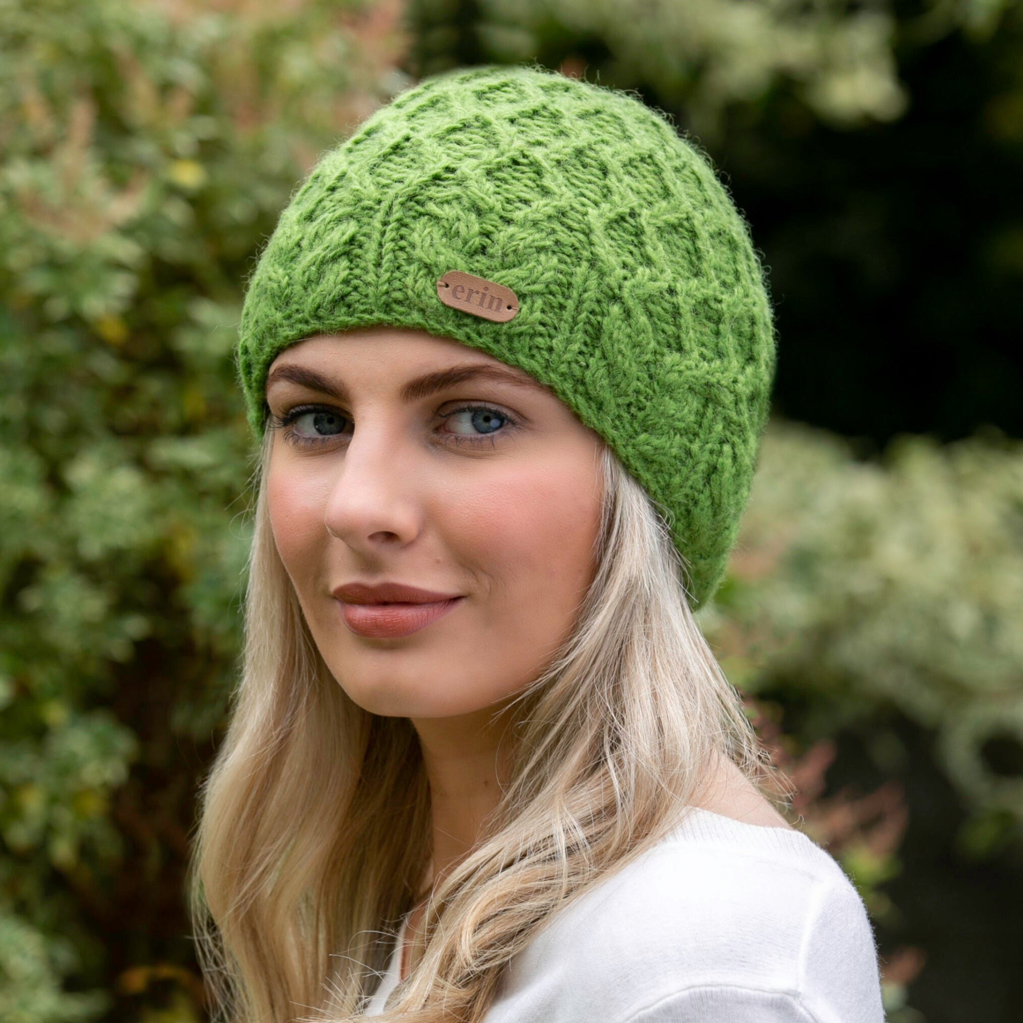 Aran Diamond Pullon Hat with Cable Band Green