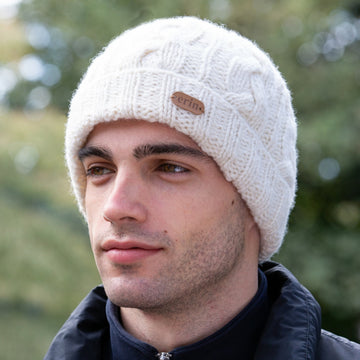 Mens White Aran Wool Hat