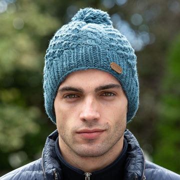 Aran Cable Blackberry Bobble Hat Denim Blue