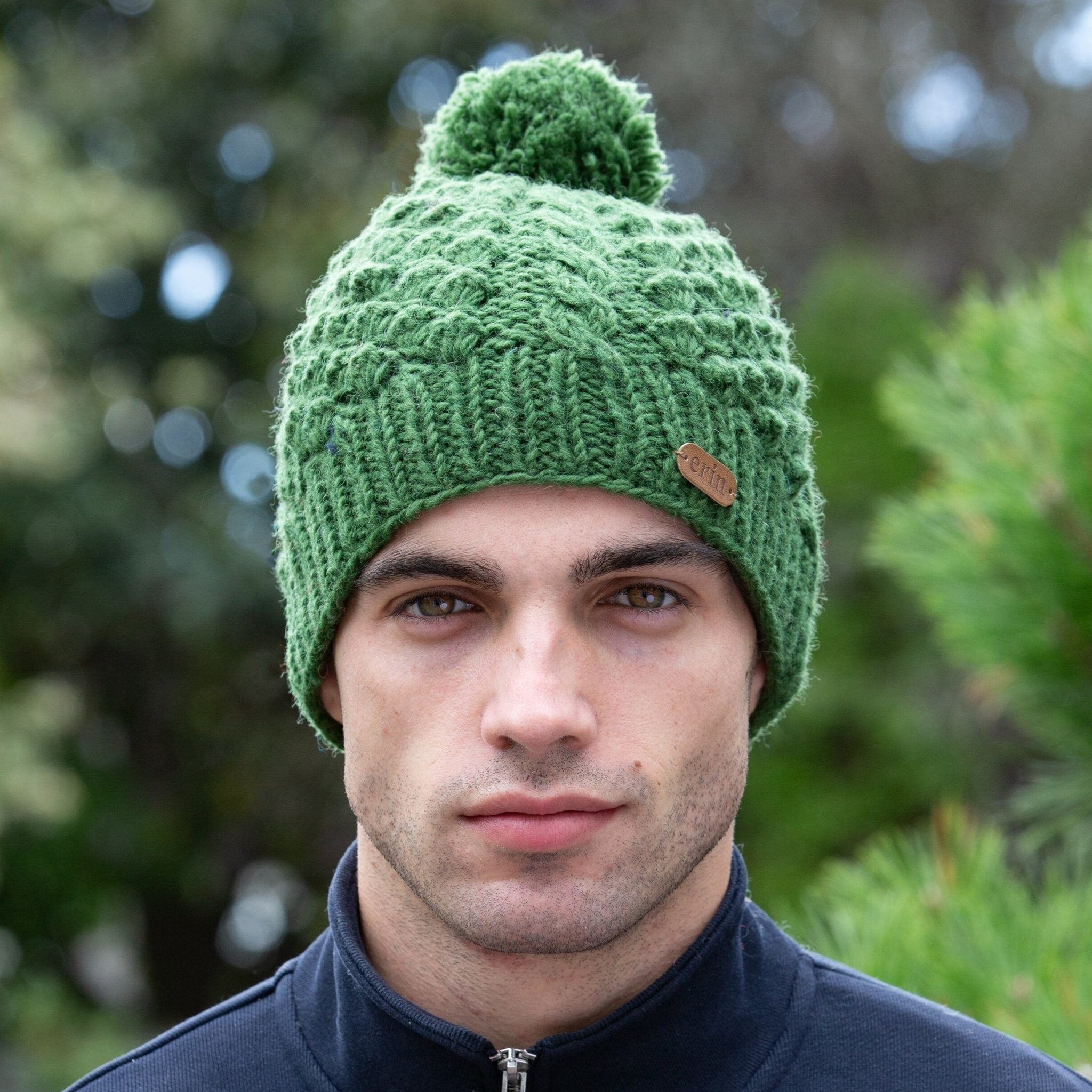 Aran Cable Blackberry Bobble Hat Green