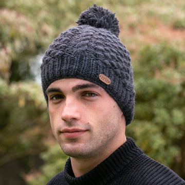 Aran Cable Blackberry Bobble Hat Charcoal