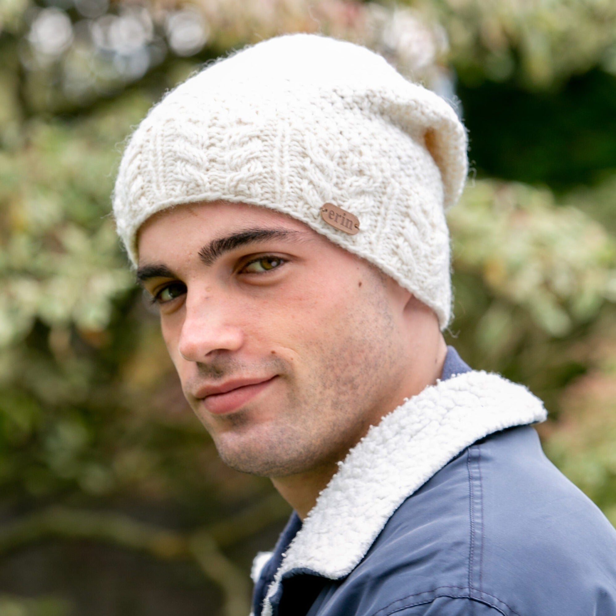 Floppy Button Down Hat with an Aran Cable Band White